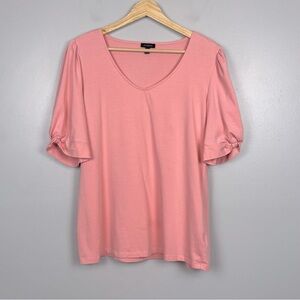 Talbots pink cotton modal blend puff sleeve v-neck top, size medium.
